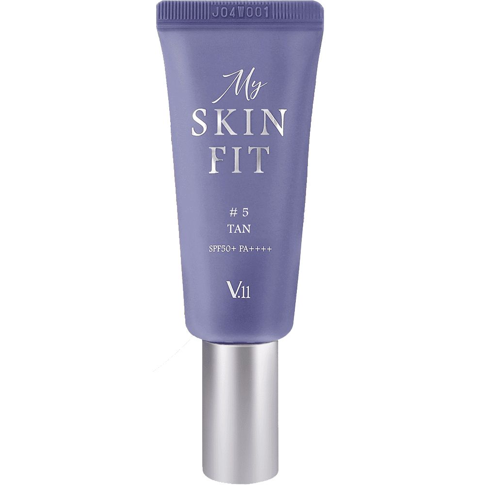 Lila Tube mit Aufschrift My Skin Fit, #5 Tan, SPF50+ PA++++ und V.11. Silberne Kappe.