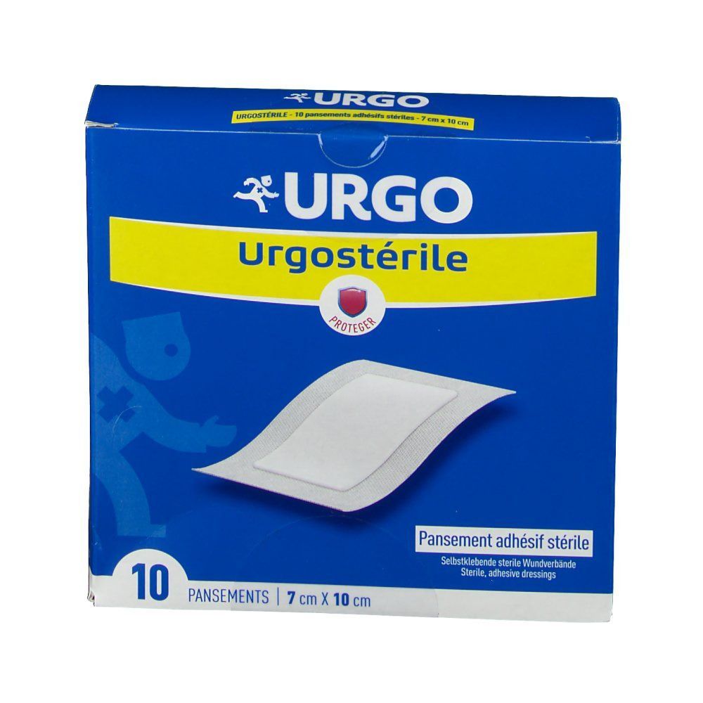Urgosterile-Packung mit 10 Pflastern, 7 cm x 10 cm. Blaue Schachtel mit gelbem Banner und Produktnamen. Ein Pflaster ist sichtbar.