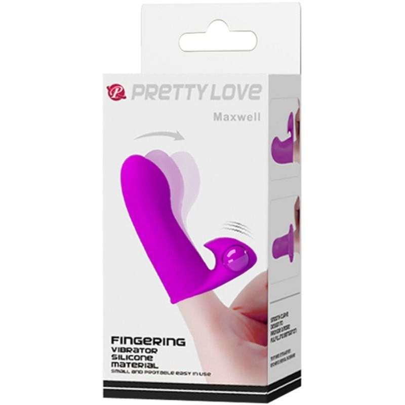 Verpackung. Produktname: Pretty Love Maxwell. Fingerring-Vibrator. Silikonmaterial.