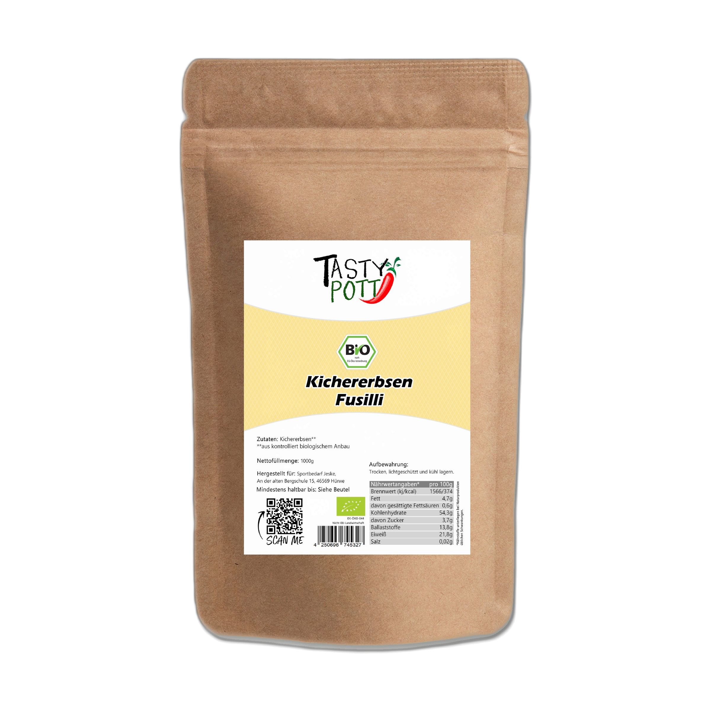 Braune Papiertüte mit Bio-Kichererbsen-Fusilli. Enthält Nährwertangaben und Bio-Siegel.