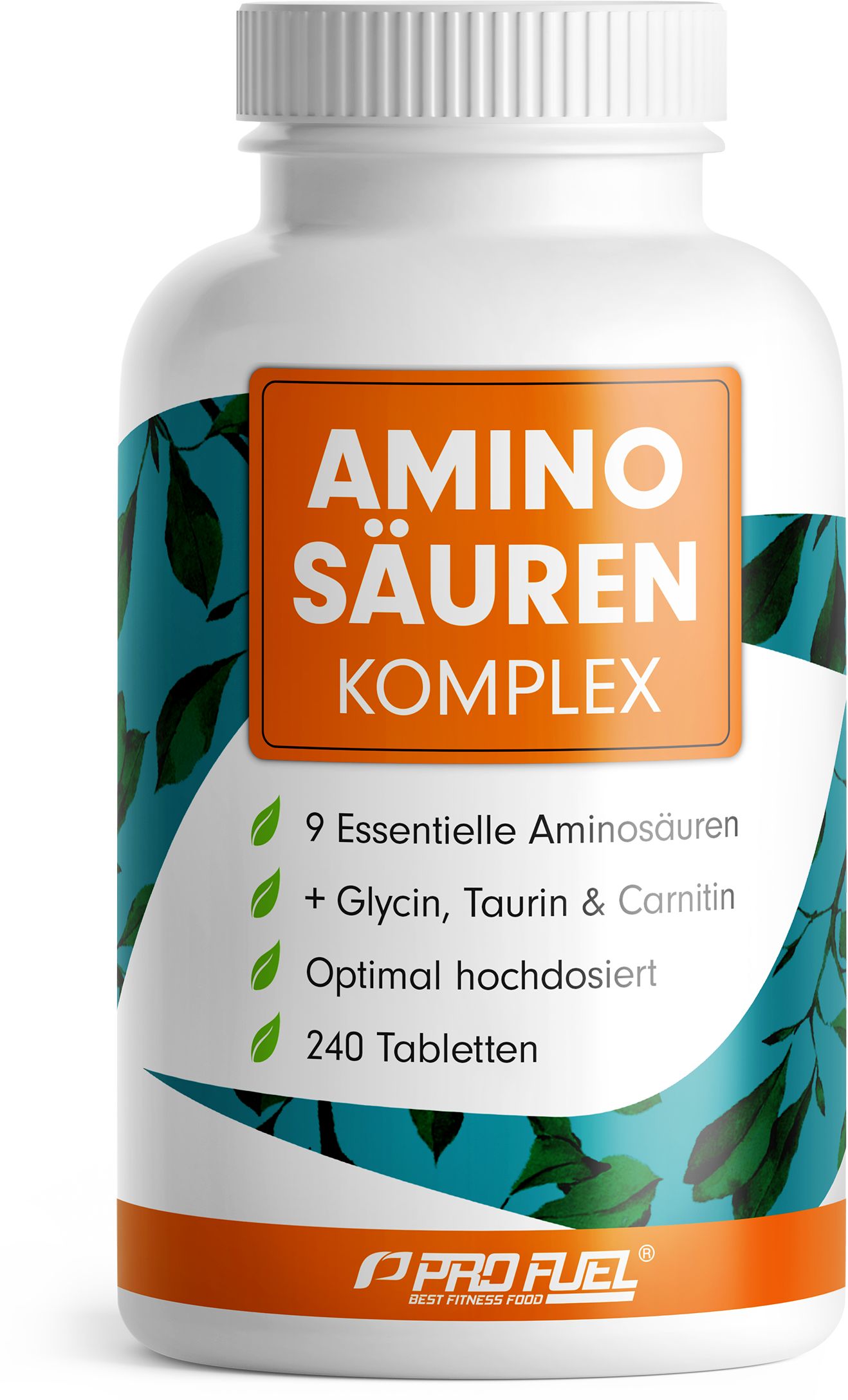 Weiße Flasche mit orangefarbenem Etikett. Aufschrift: Aminosäuren Komplex. Enthält 9 essentielle Aminosäuren, Glycin, Taurin & Carnitin. 240 Tabletten.