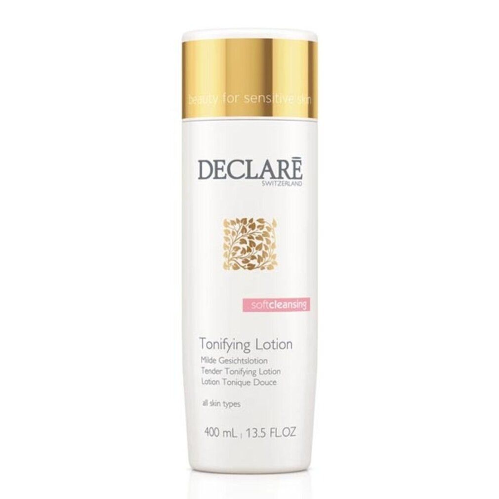 Weisse Flasche mit goldfarbenem Deckel. Aufschrift DECLARÉ, Tonifying Lotion. 400 ml.