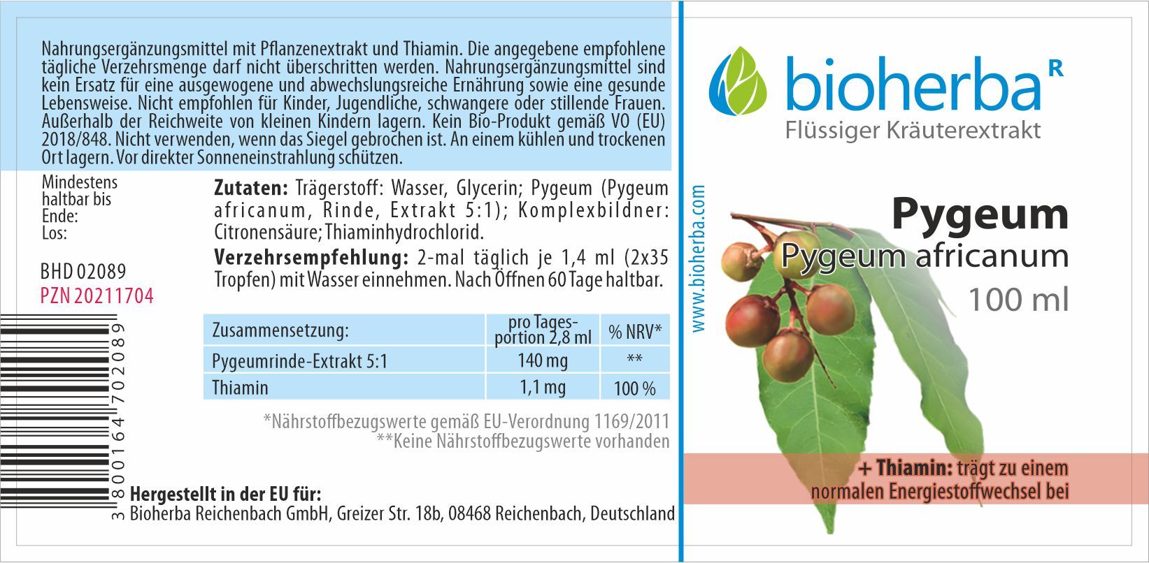 Etikett mit Produktinformationen. Bioherba Pygeum africanum, 100 ml. Enthält Thiamin. Zutaten, Verzehrempfehlung, Nährwertangaben.