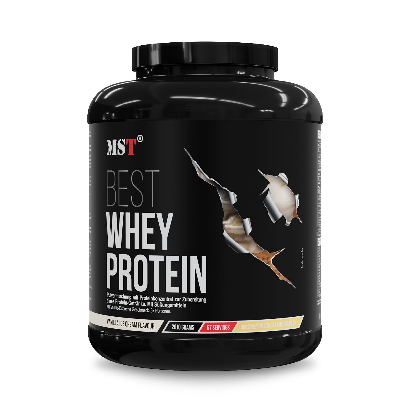 Schwarzer Behälter mit MST Best Whey Protein Aufschrift, Vanille-Eiscreme-Geschmack, 2510g.