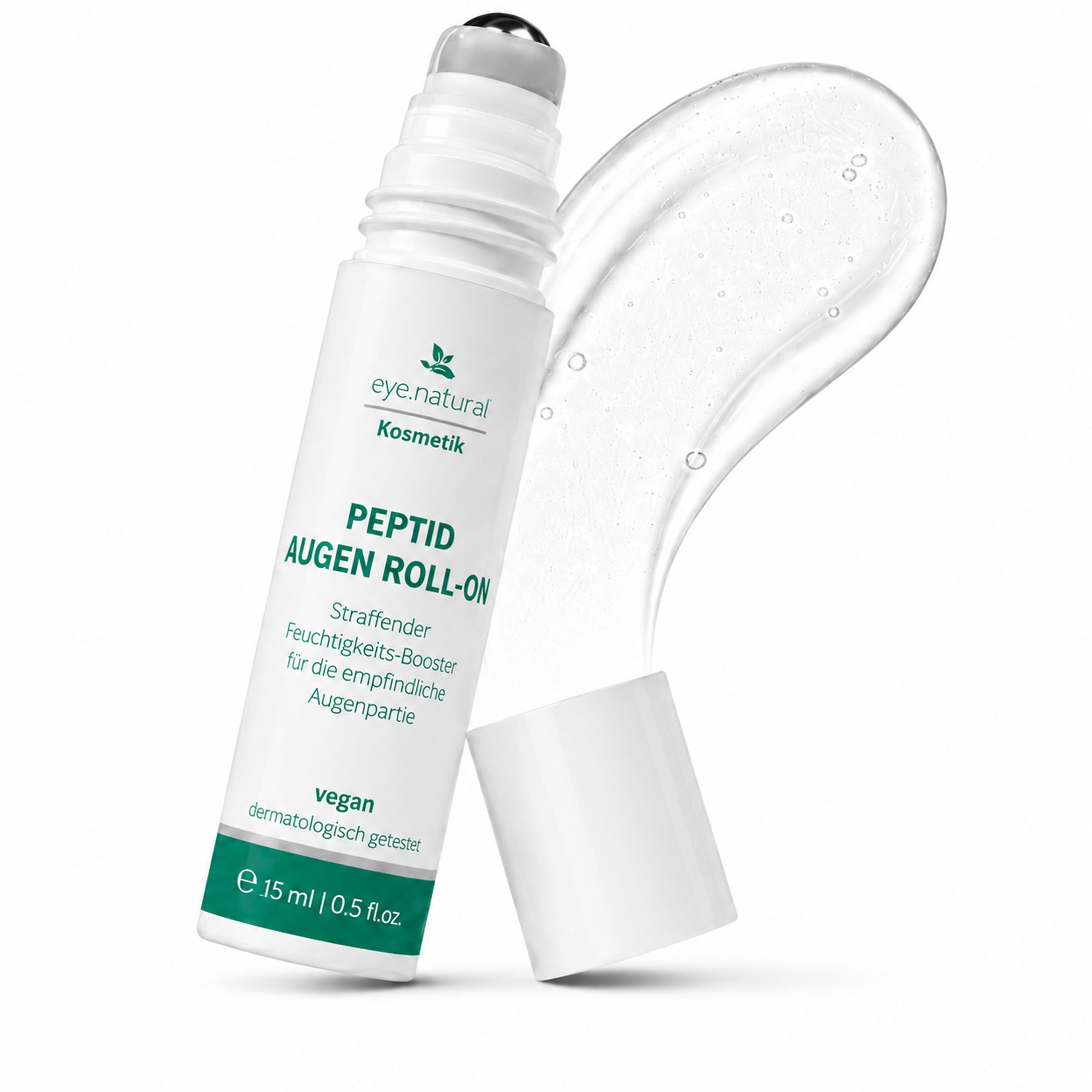 Peptid Augen Roll-On mit Gel-Textur und geöffnetem Deckel.