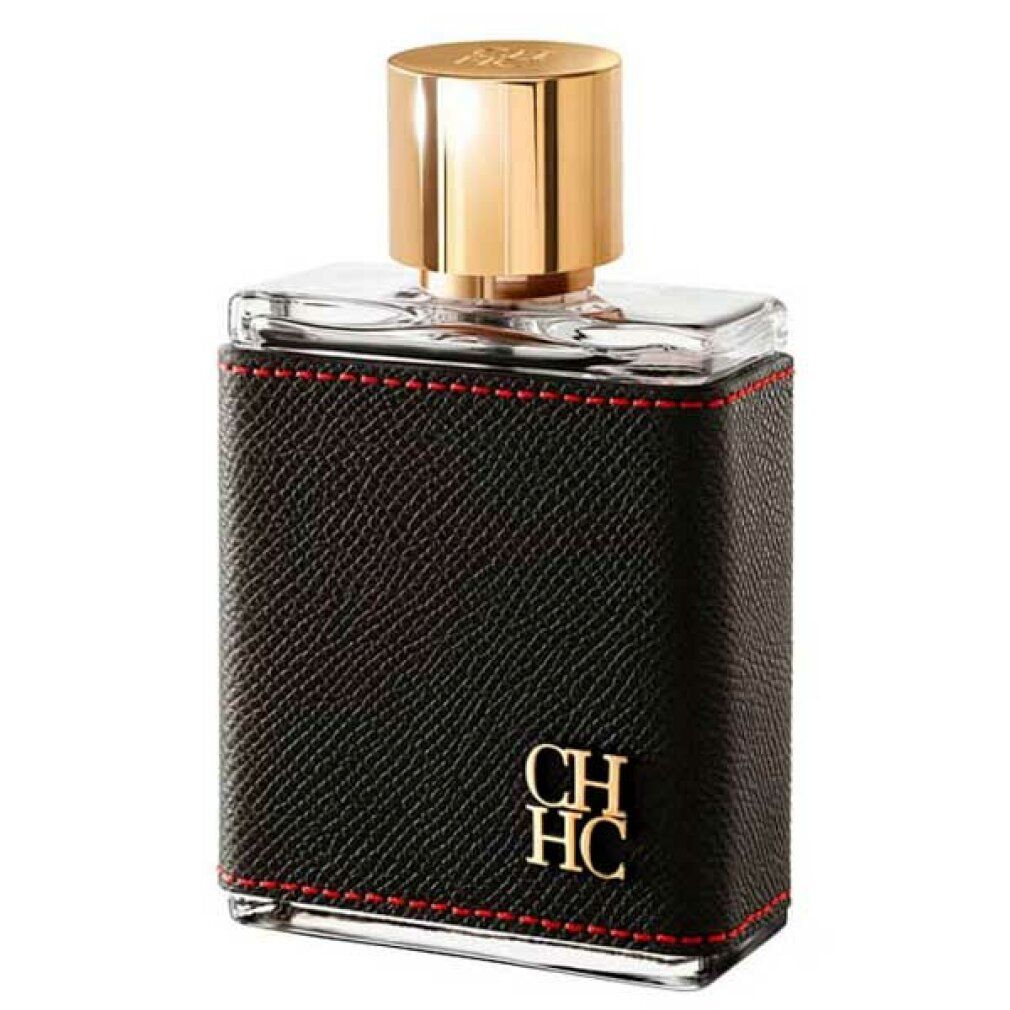 Rechteckiger Flakon mit goldfarbenem Verschluss. Schwarzer Lederbezug mit roter Naht und goldfarbenem CHHC-Logo.