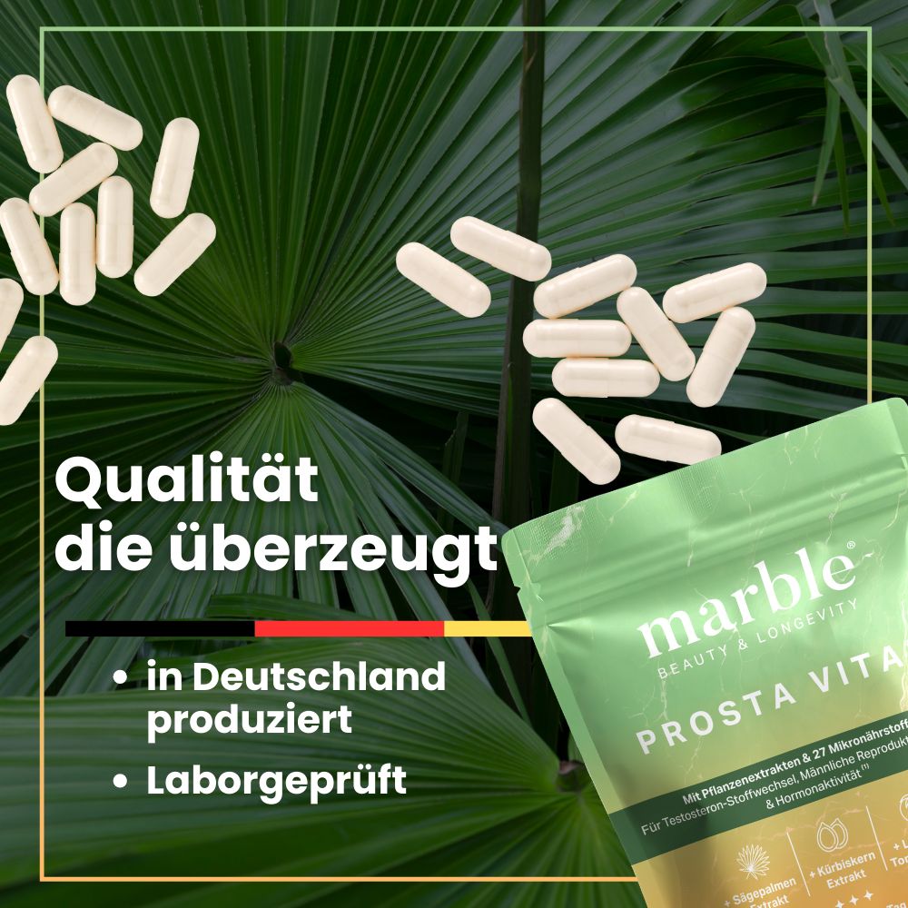 Kapseln und Beutel. Text: marble Prosta Vital. In Deutschland produziert. Laborgeprüft.