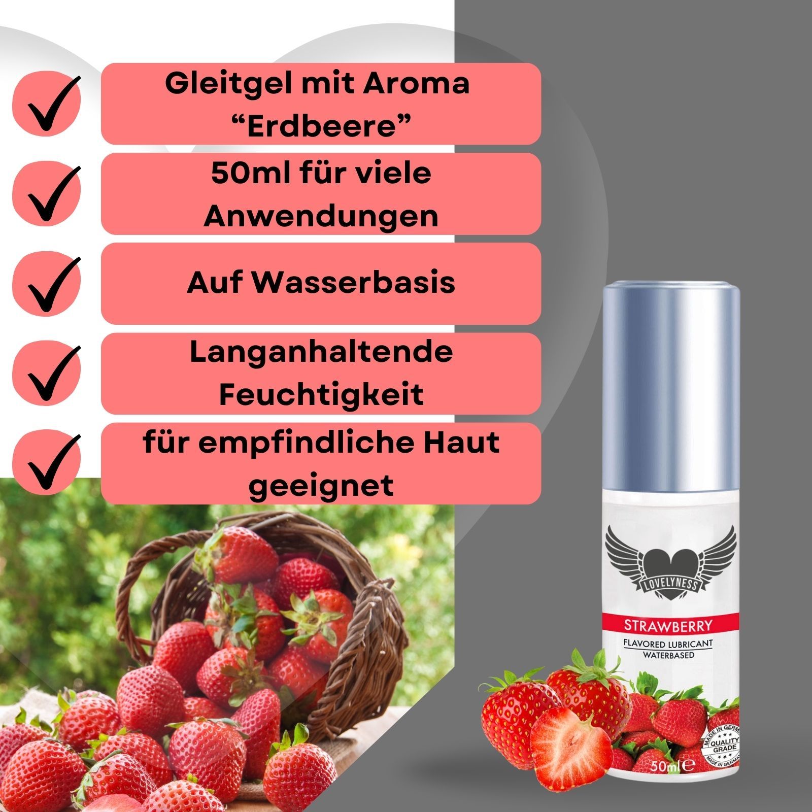 Gleitgel-Flasche mit Erdbeeren und Text. Text: Strawberry, Flavored Lubricant, Waterbased.