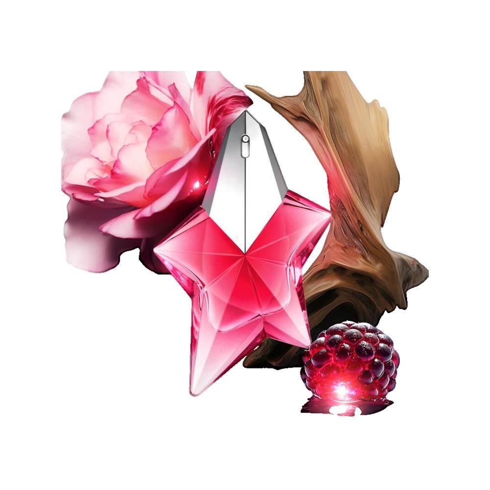 Sternförmiger Flakon, rosa Glas. Neben Rose, Holz und Beeren.