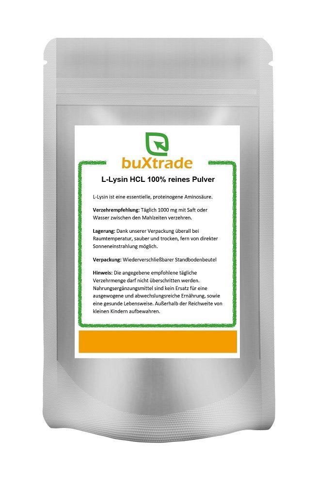 Beutel mit Produktinformationen. Aufschrift: L-Lysin HCL 100% reines Pulver. Marke: buXtrade. Wiederverschließbar.
