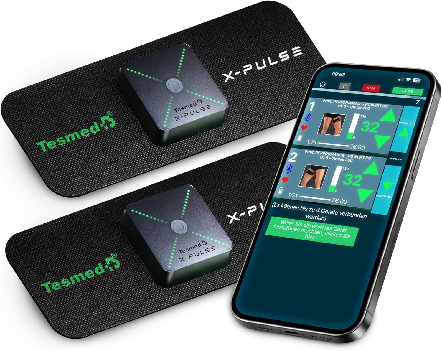 TESMED X-Pulse kabelloser EMS/TENS-Elektrostimulator mit App, 2 Geräte, 130 Intensitätsstufen