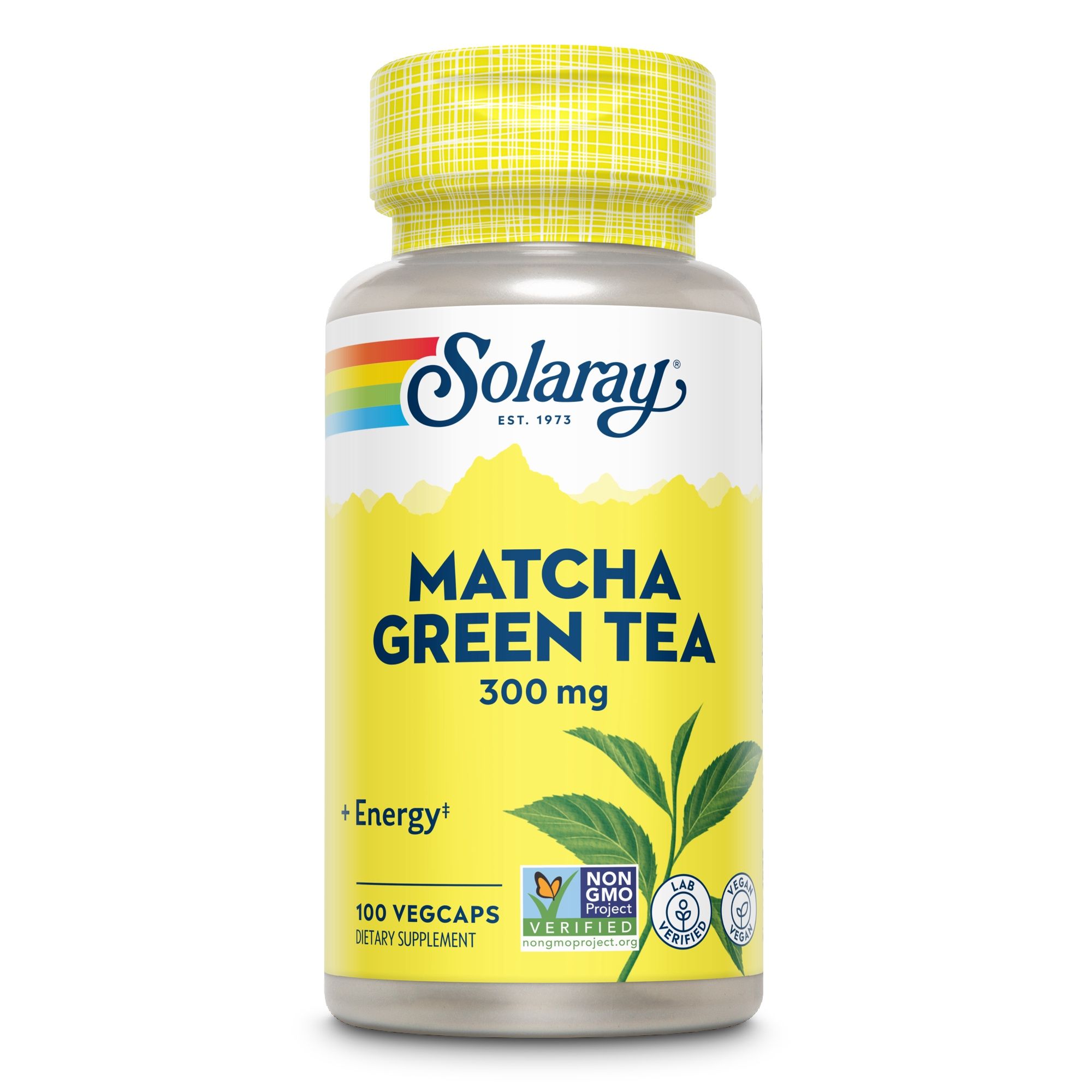 Solaray Matcha Green Tea Flasche. Gelbe Kapsel-Flasche mit grünem Etikett. Text: 300 mg, 100 Vegcaps.