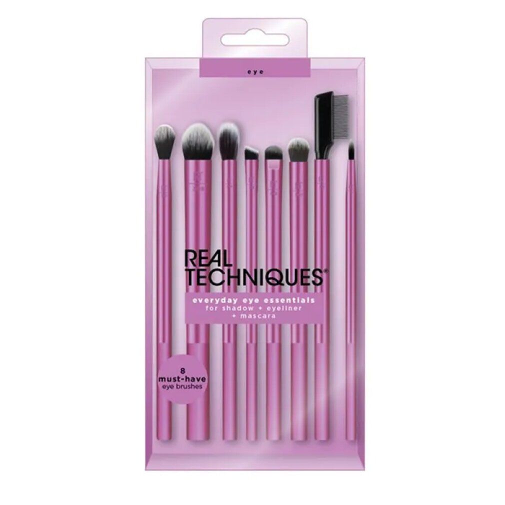 Set mit 8 Augenpinseln in Verpackung. Marke REAL TECHNIQUES. Text: everyday eye essentials.
