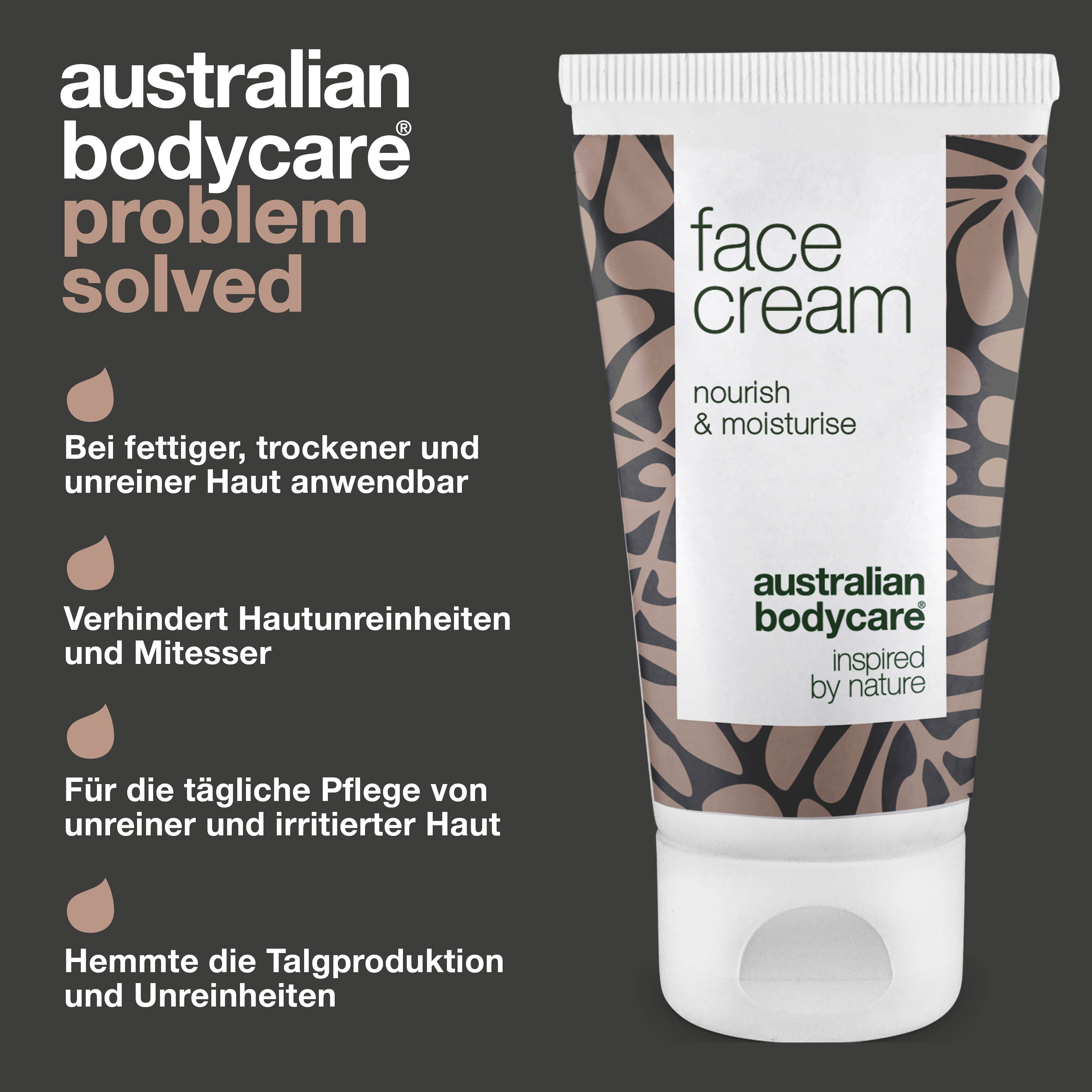 Gesichtspflege-Tube. Text: face cream, australian bodycare. Text: Bei fettiger, trockener und unreiner Haut anwendbar.