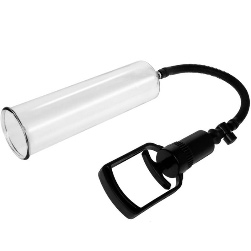 Transparente Penispumpe mit schwarzem Kolbengriff und Schlauch. Zylindrischer Körper.