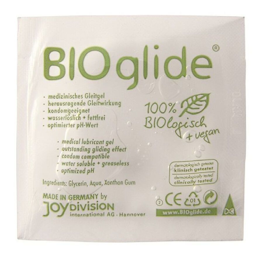 Quadratische Verpackung mit "BIOglide"-Logo. Text: medizin. Gleitgel, 100% biologisch + vegan. Hersteller: JOY DIVISION. CE-Kennzeichnung.