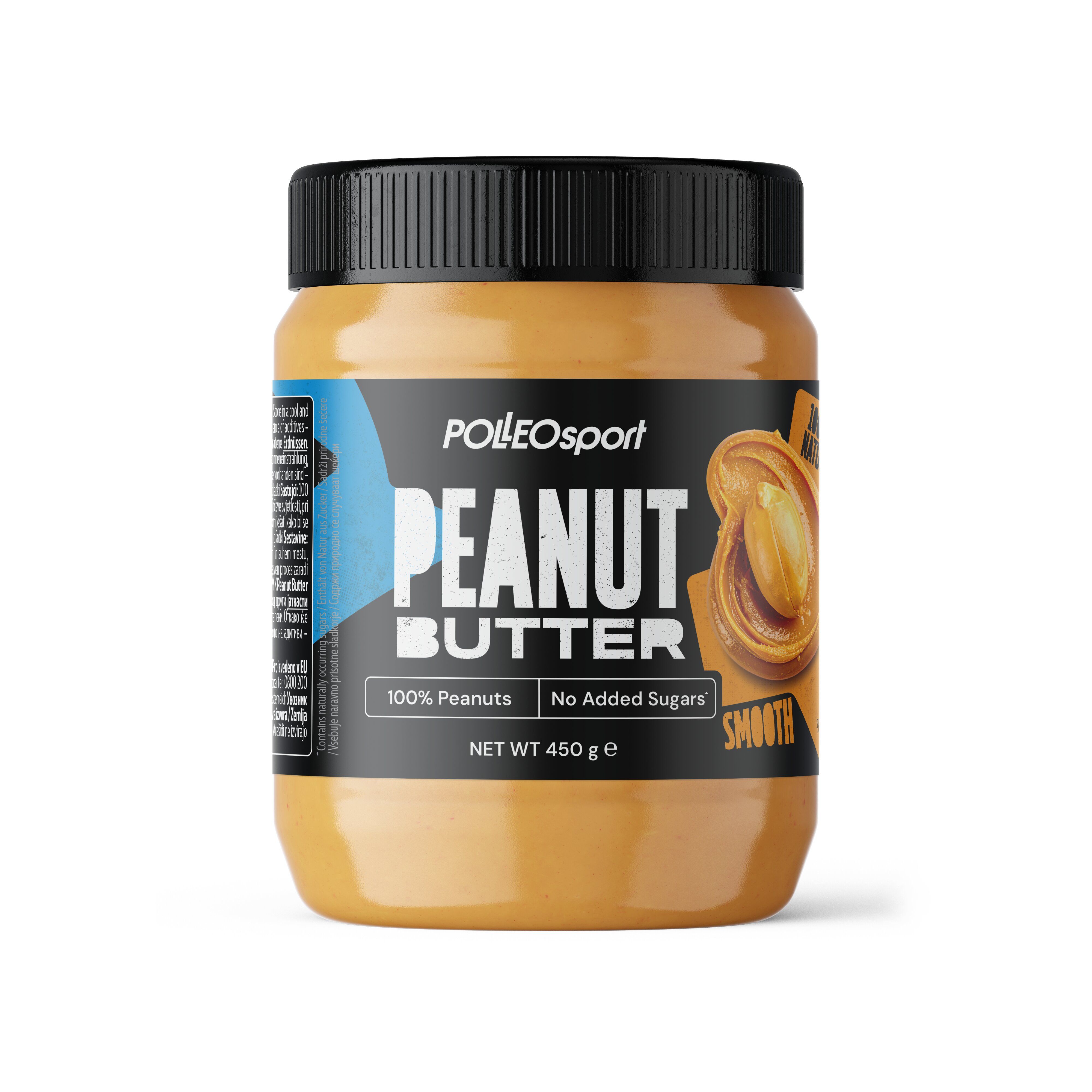 Polleo Erdnussbutter, 450g Glas, glatte Textur, 100% Erdnüsse, ohne Zuckerzusatz.