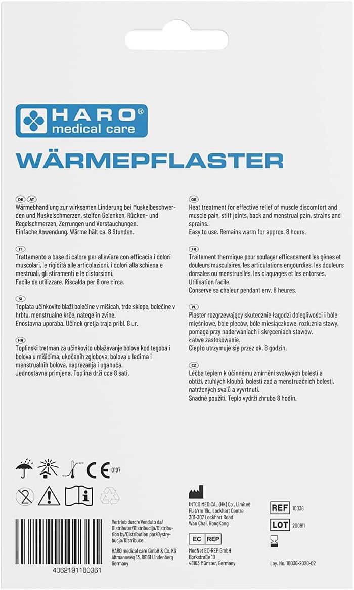 Rückseite der Verpackung mit Wärmepflaster. Produktname und Anwendungshinweise in mehreren Sprachen. CE-Kennzeichnung.