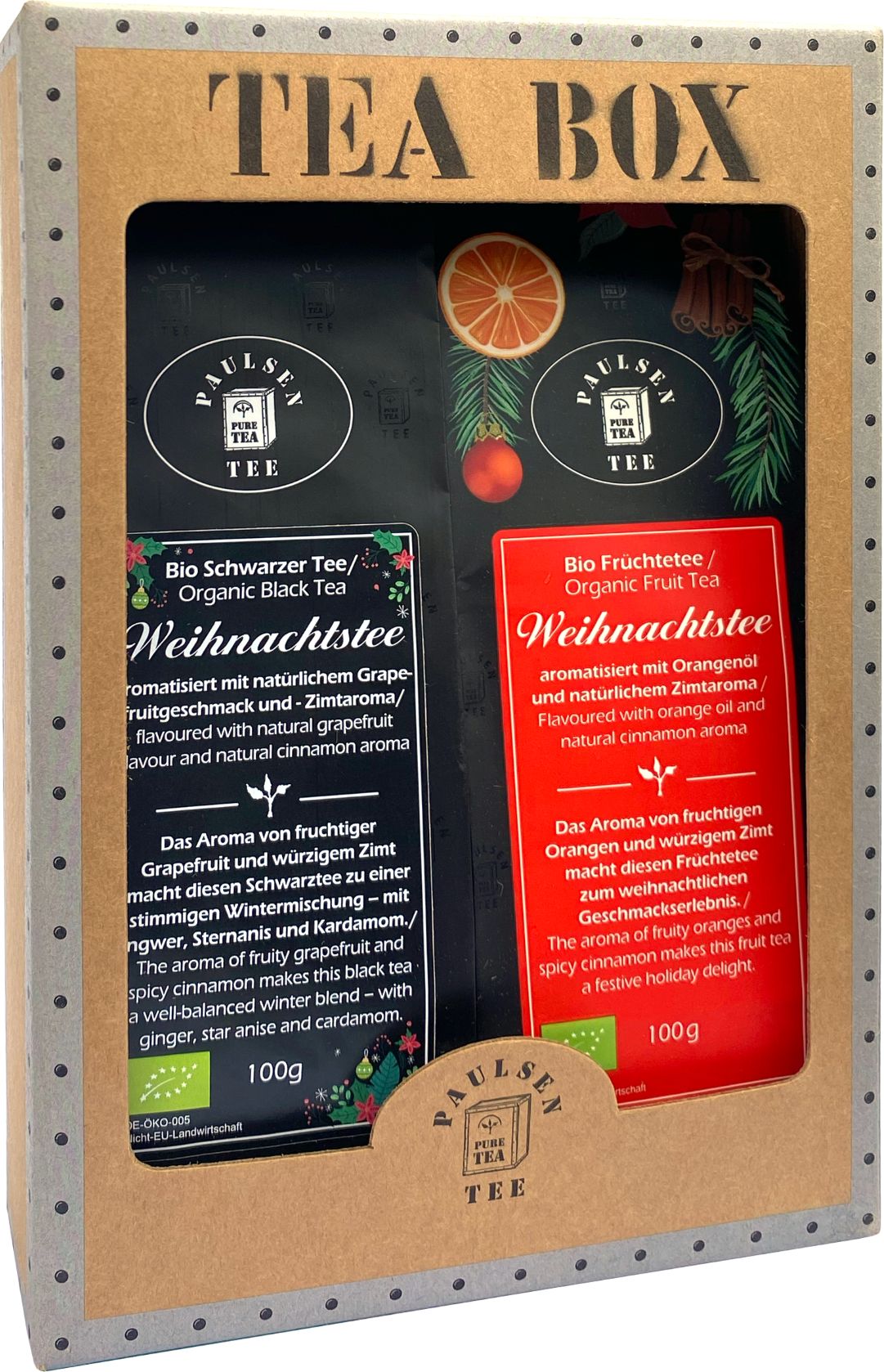 Geschenkbox mit zwei Tee-Packungen. Schwarzer Tee und Früchtetee. Aufdrucke: Paulsen Tee, Bio Weihnachtstee, 100g, EU-Bio-Logo.