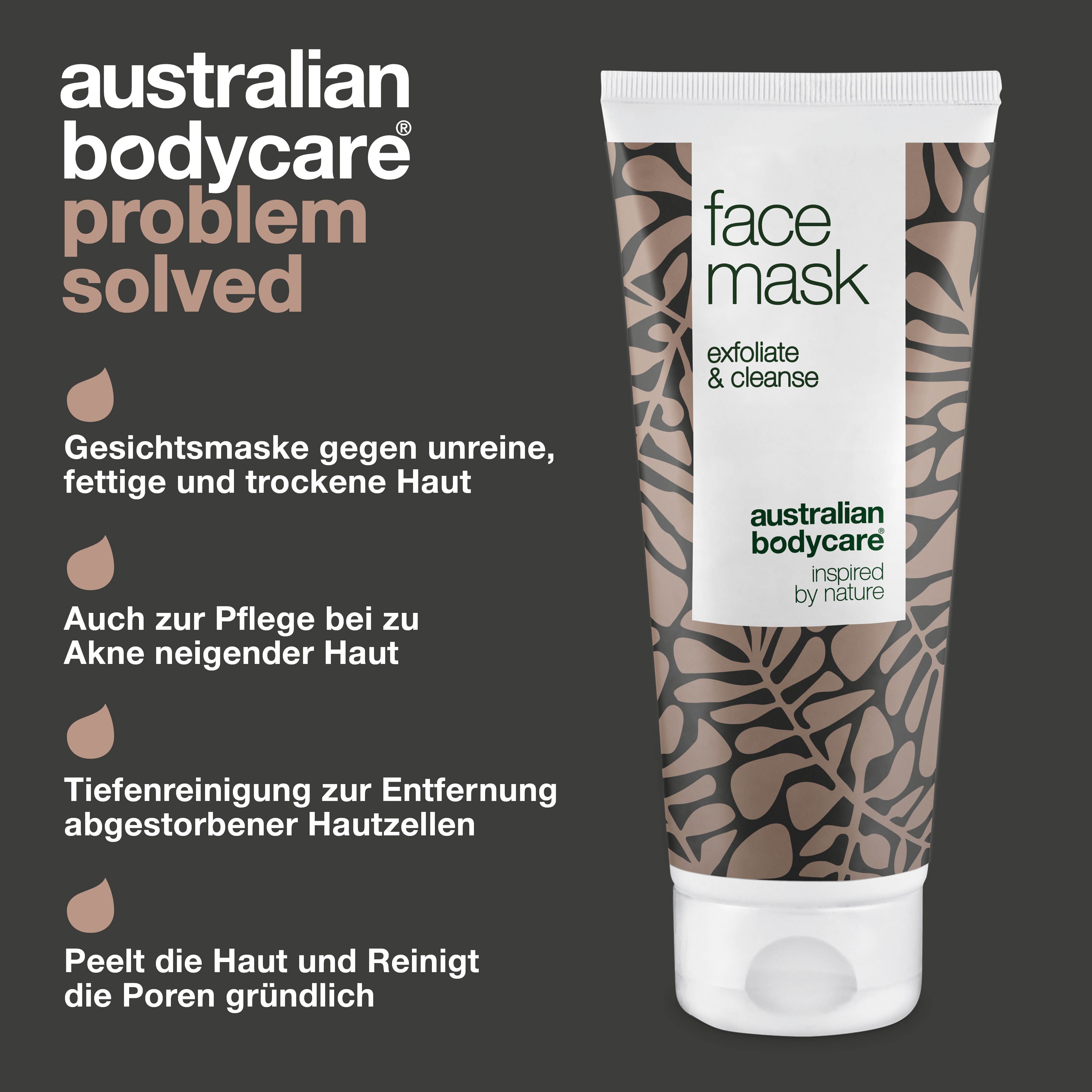 Gesichtsmaske-Tube, Text: Face Mask, exfoliate & cleanse, Australian Bodycare. Text: Gesichtsmaske gegen unreine Haut.