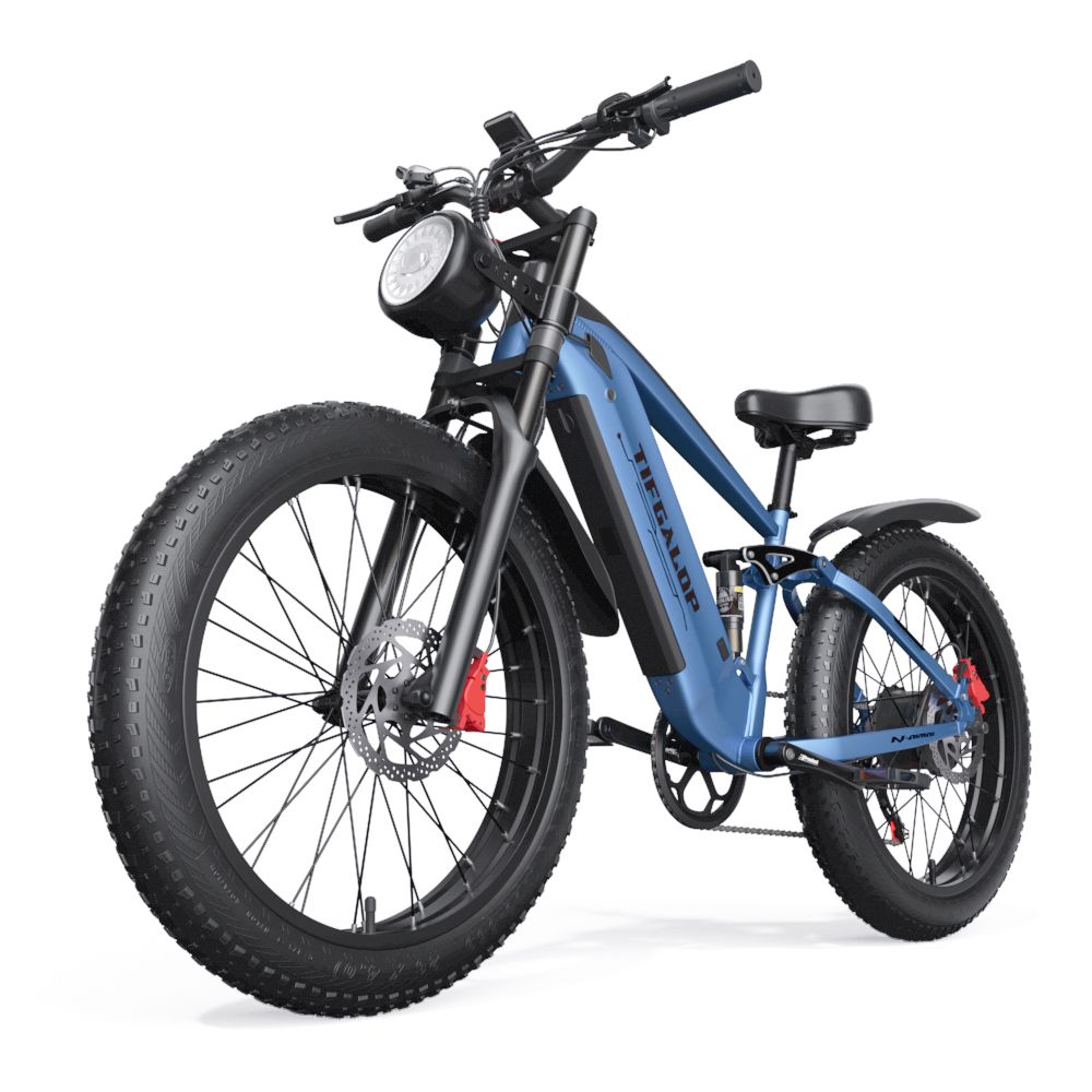 Blaues Elektrofahrrad mit schwarzen Reifen. Auf dem Rahmen steht TIFGALOP. Große Reifen, Scheinwerfer und Kotflügel.