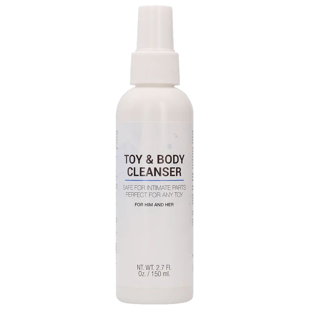 Weiße Flasche mit Sprühkopf. Aufschrift: TOY & BODY CLEANSER. Geeignet für Intimbereiche. Für Ihn und Sie.