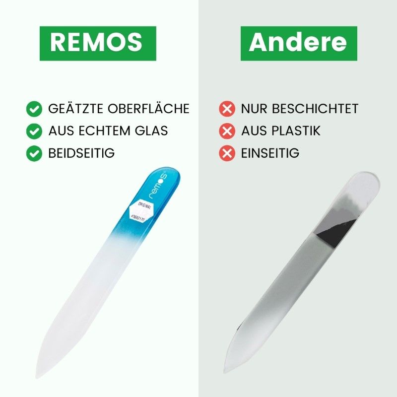 Vergleich: REMOS Glasnagelfeile (geätzt, Echtglas, beidseitig) vs. andere (nur beschichtet, aus Plastik, einseitig).
