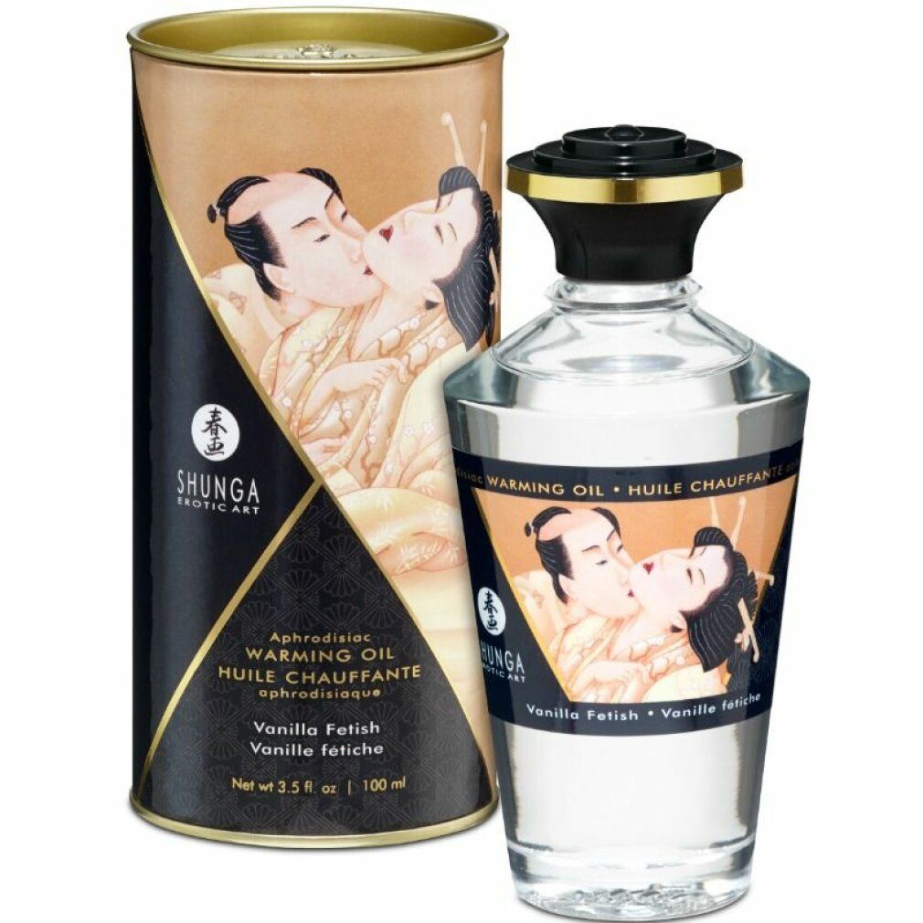 Shunga Massageöl mit Aroma Vanille. Flasche und Verpackung mit Abbildung eines Paares. Text: Warming Oil, Vanilla Fetish.