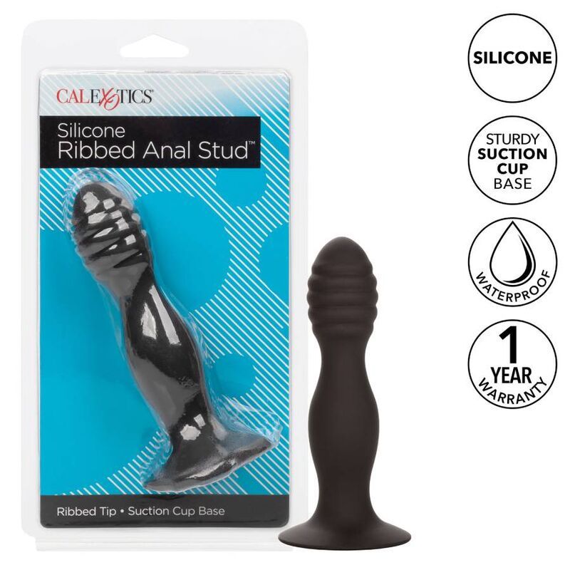 Verpackung mit schwarzem Anal-Stift. Gerippte Spitze, Saugnapf-Basis. Marke: CALEXOTICS.