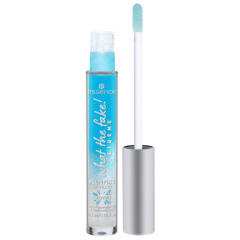 Essence What The Fake! Extreme Plumping Lip Filler mit silbernem Applikator und blauer Beschriftung.