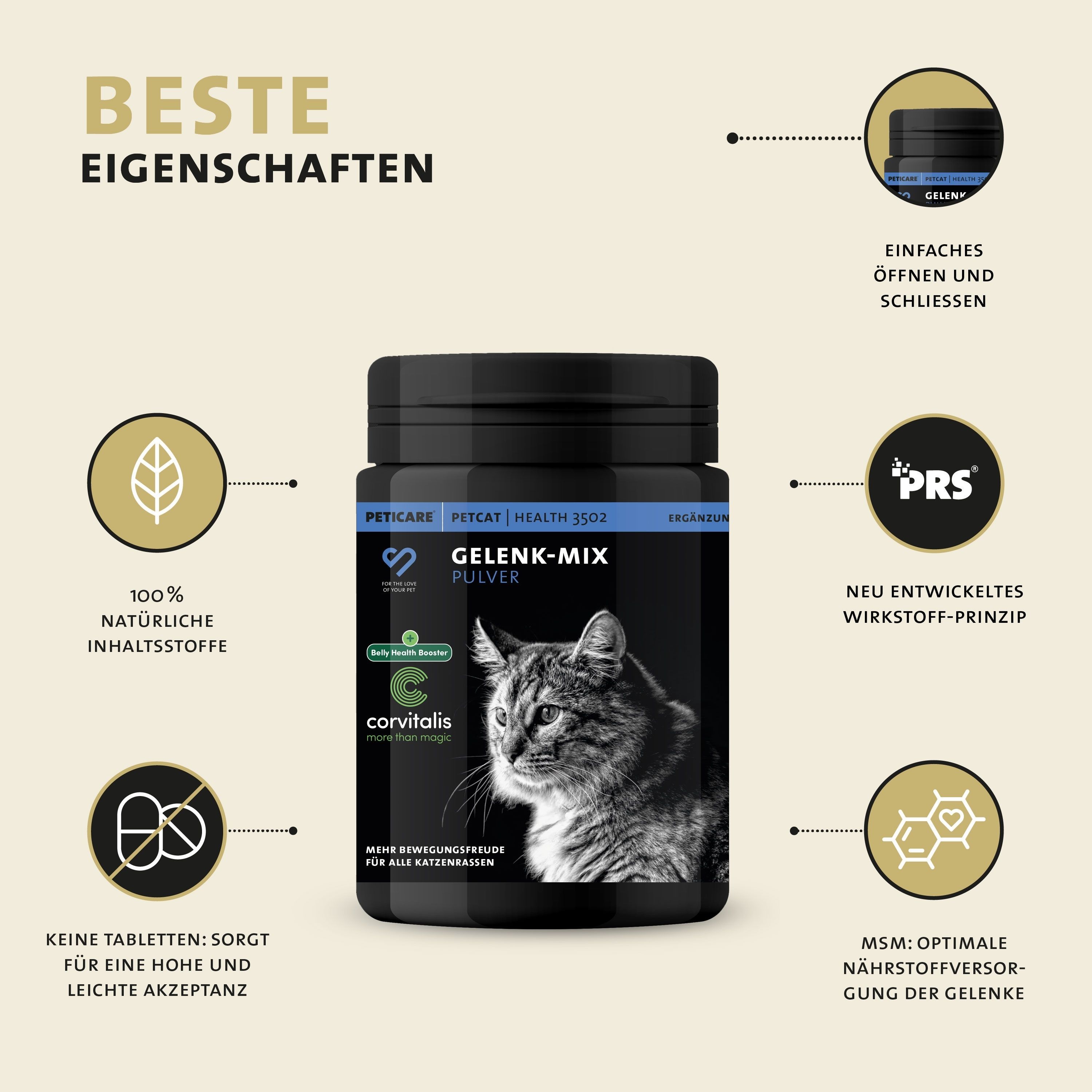Peticare Gelenk-Mix Pulver. Dose. Text: 100% natürliche Inhaltsstoffe. Keine Tabletten. Einfaches Öffnen.