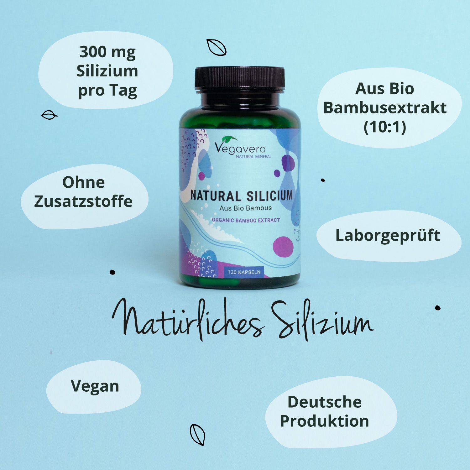 Grüne Flasche mit schwarzen Deckel. Aufschrift: NATURAL SILICIUM. Zusätzliche Informationen: 300 mg Silizium pro Tag, vegan, deutsche Produktion.