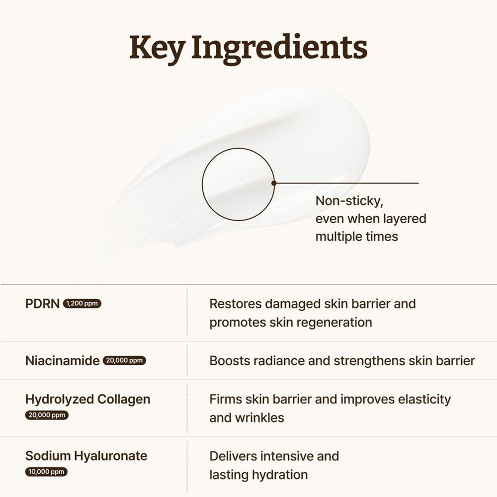Übersicht der Schlüssel-Inhaltsstoffe von Dr. Reju-All Advanced PDRN Rejuvenating Cream: PDRN, Niacinamid, hydrolysiertes Kollagen, Natriumhyaluronat.