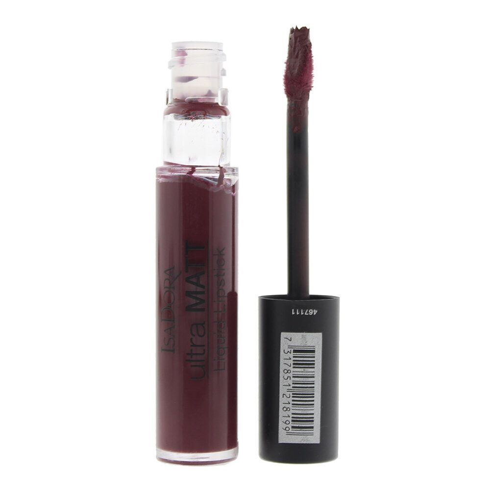 Flüssiger Lippenstift, geöffnet. Schwarzer Applikator, Produktname und Barcode sichtbar. Dunkelrote Farbe.