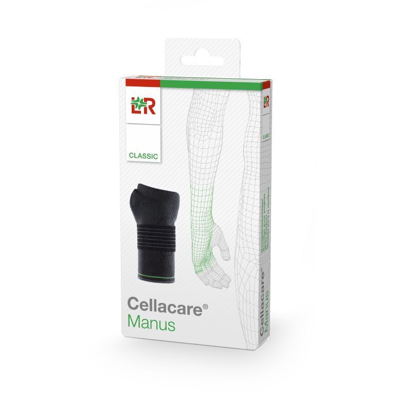 Verpackung einer schwarzen Handgelenkbandage mit grünen Akzenten und Markenschriftzug.
