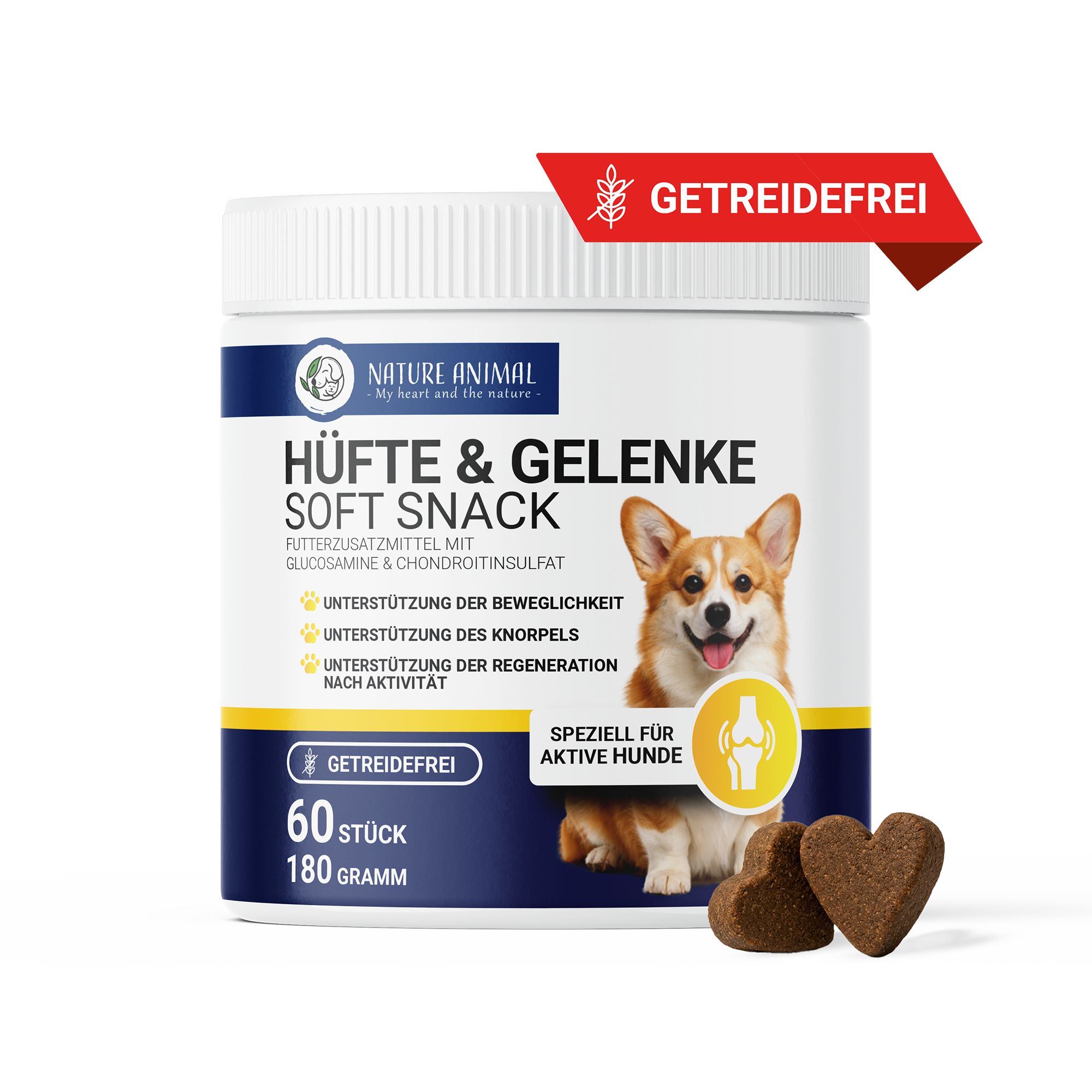 Dose mit Hundesnacks, Rückseite mit Inhaltsstoffen, analytischen Bestandteilen und Nettofüllmenge 180g.