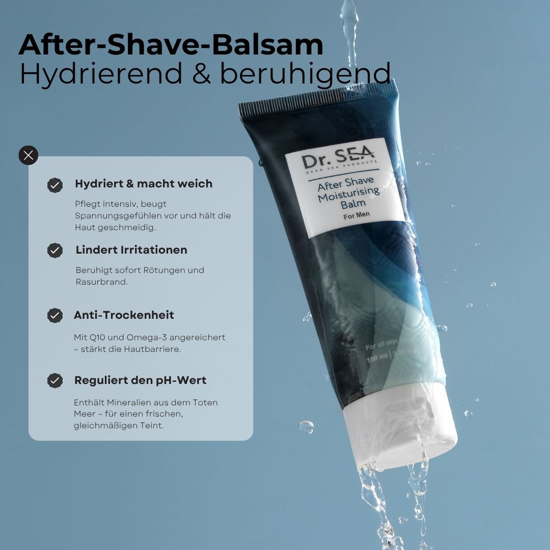 After Shave Moisturising Balm Tube. Text: Hydriert & macht weich, lindert Irritationen, Anti-Trockenheit, reguliert den pH-Wert. 