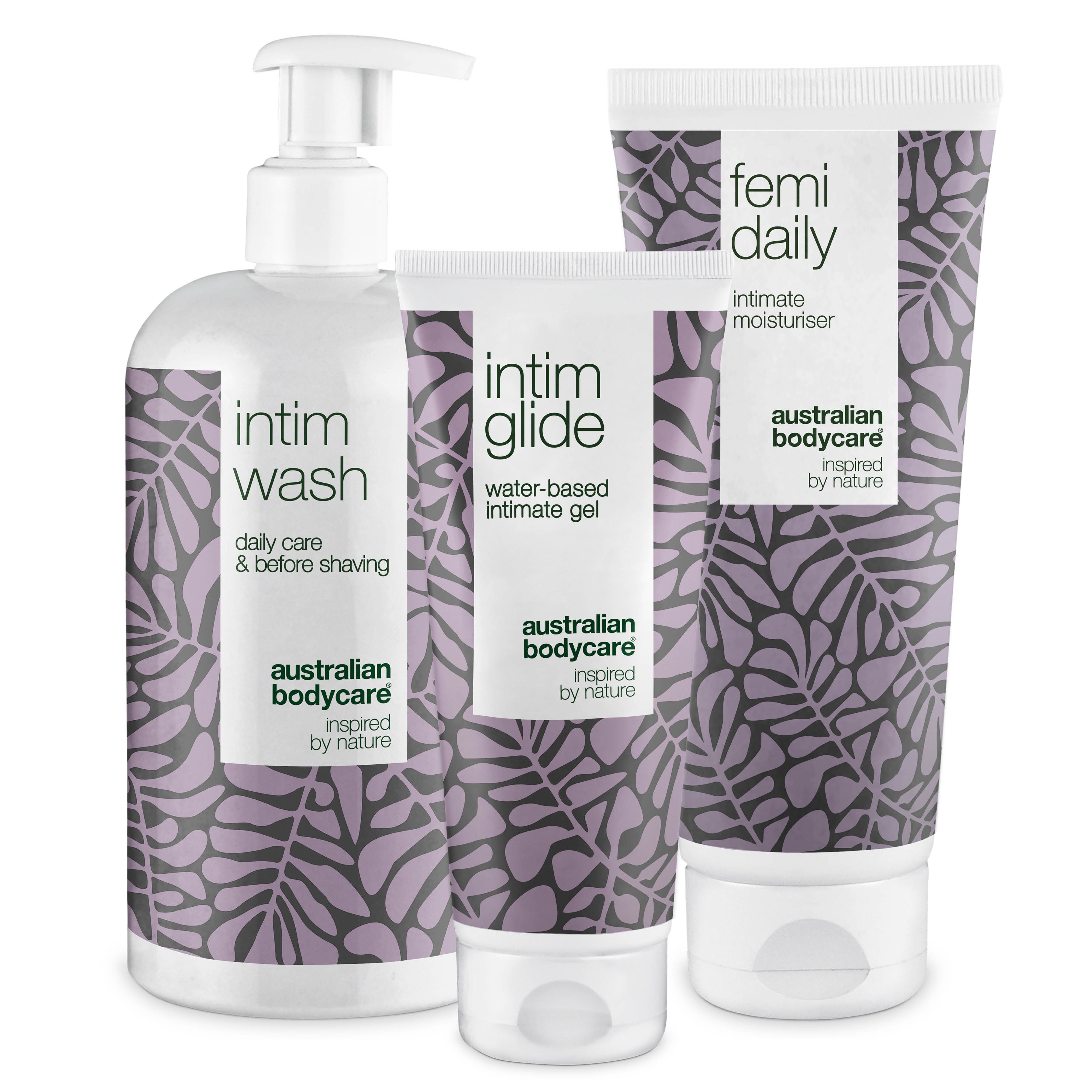 Drei Produkte: Intim Wash, Intim Glide und Femi Daily. Alle mit lila Blättermuster und weißem Hintergrund.