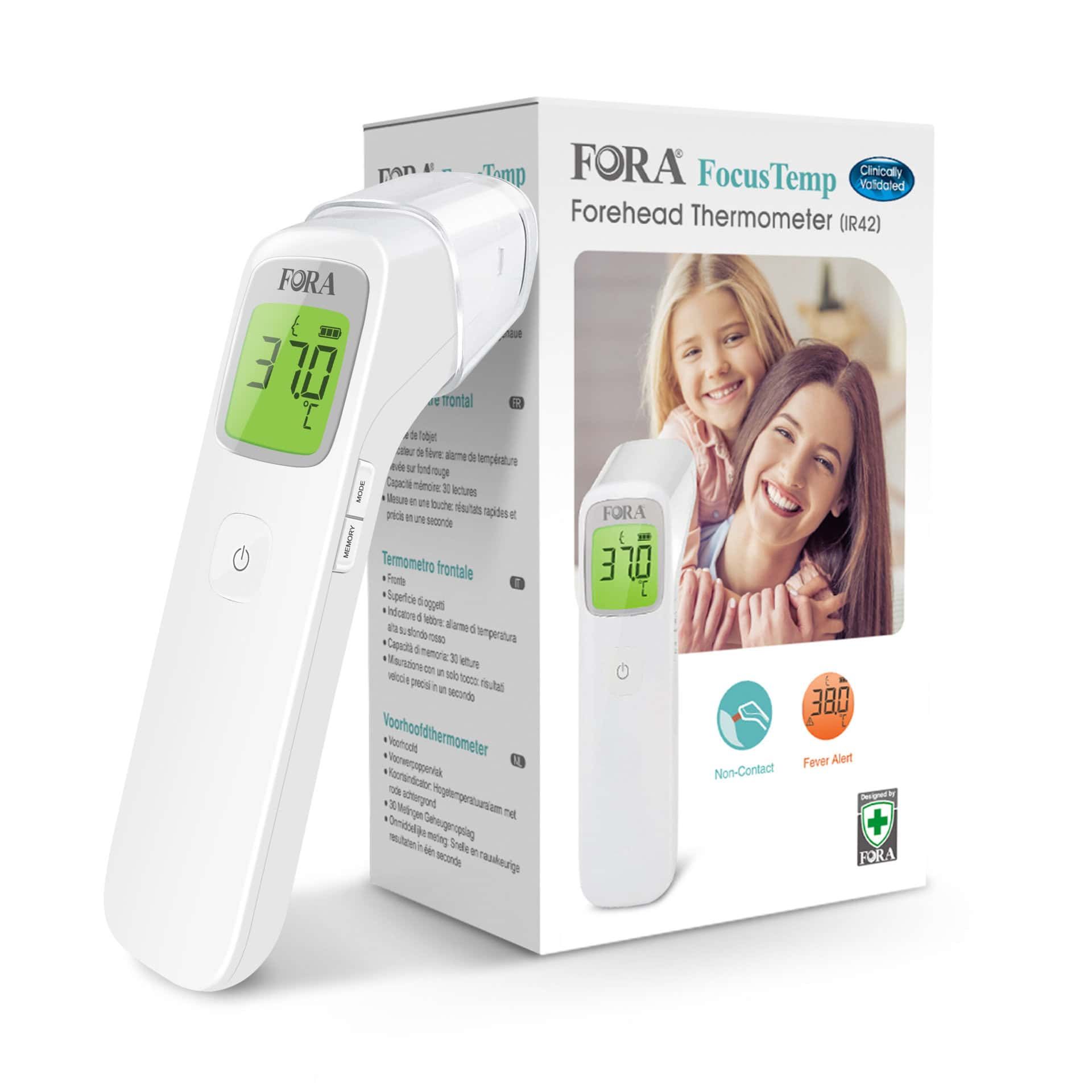 Weißes Stirnthermometer mit grünem Display, zeigt 37.0°C an. Daneben die Verpackung.