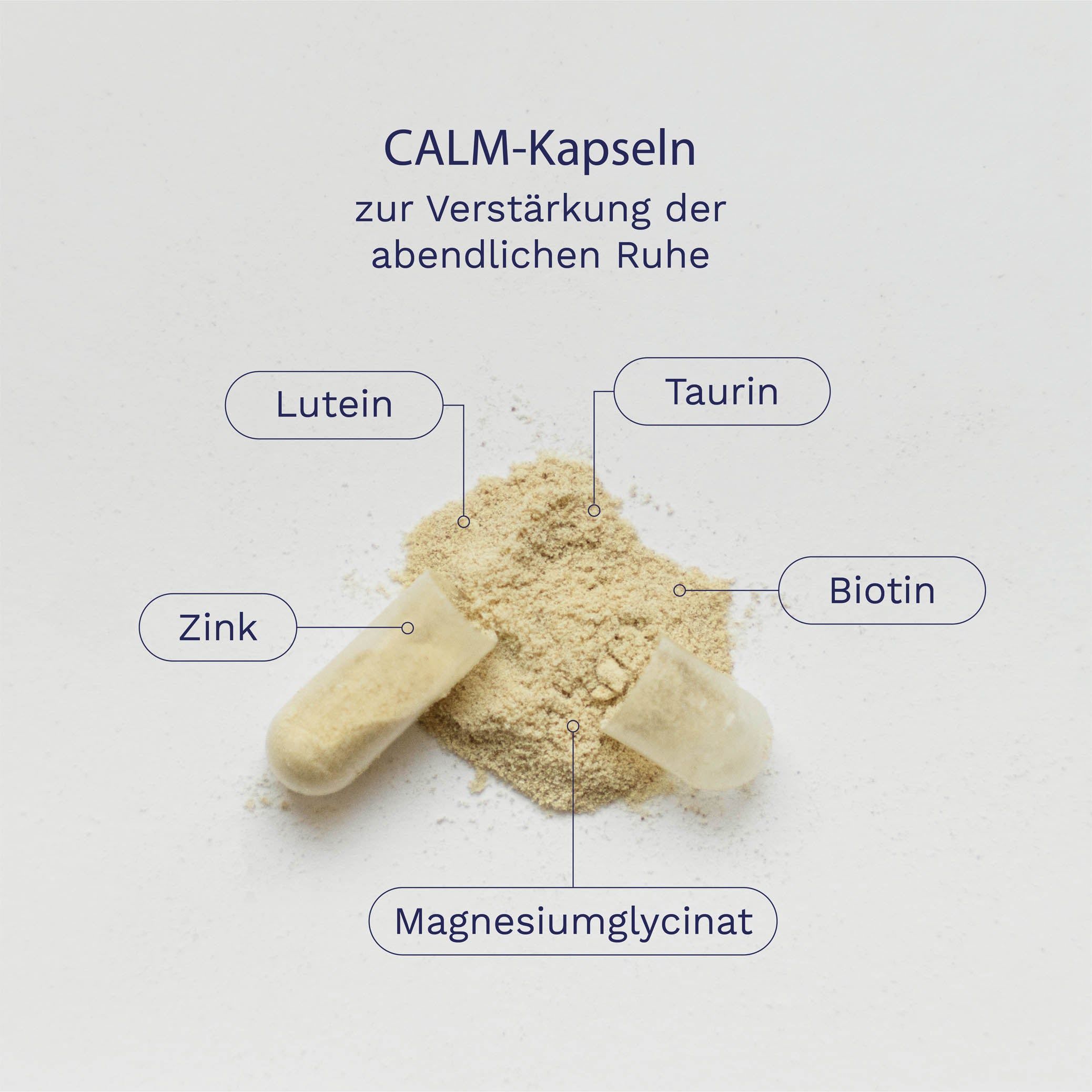 CALM-Kapseln mit Lutein, Zink, Taurin, Biotin und Magnesiumglycinat.