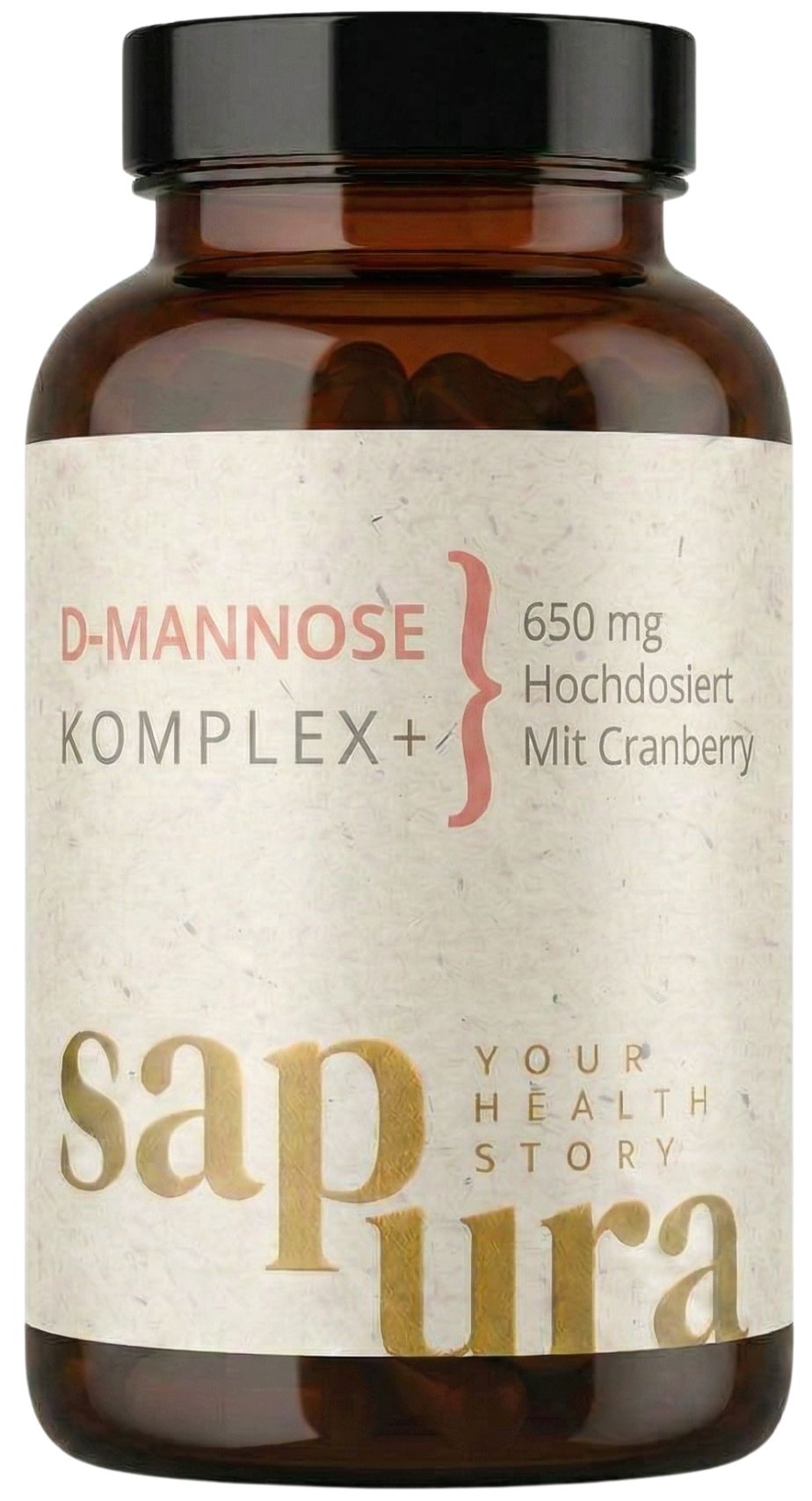 Braune Glasflasche mit Etikett. Aufschrift: D-Mannose Komplex+, 650mg, Mit Cranberry, sapura health.