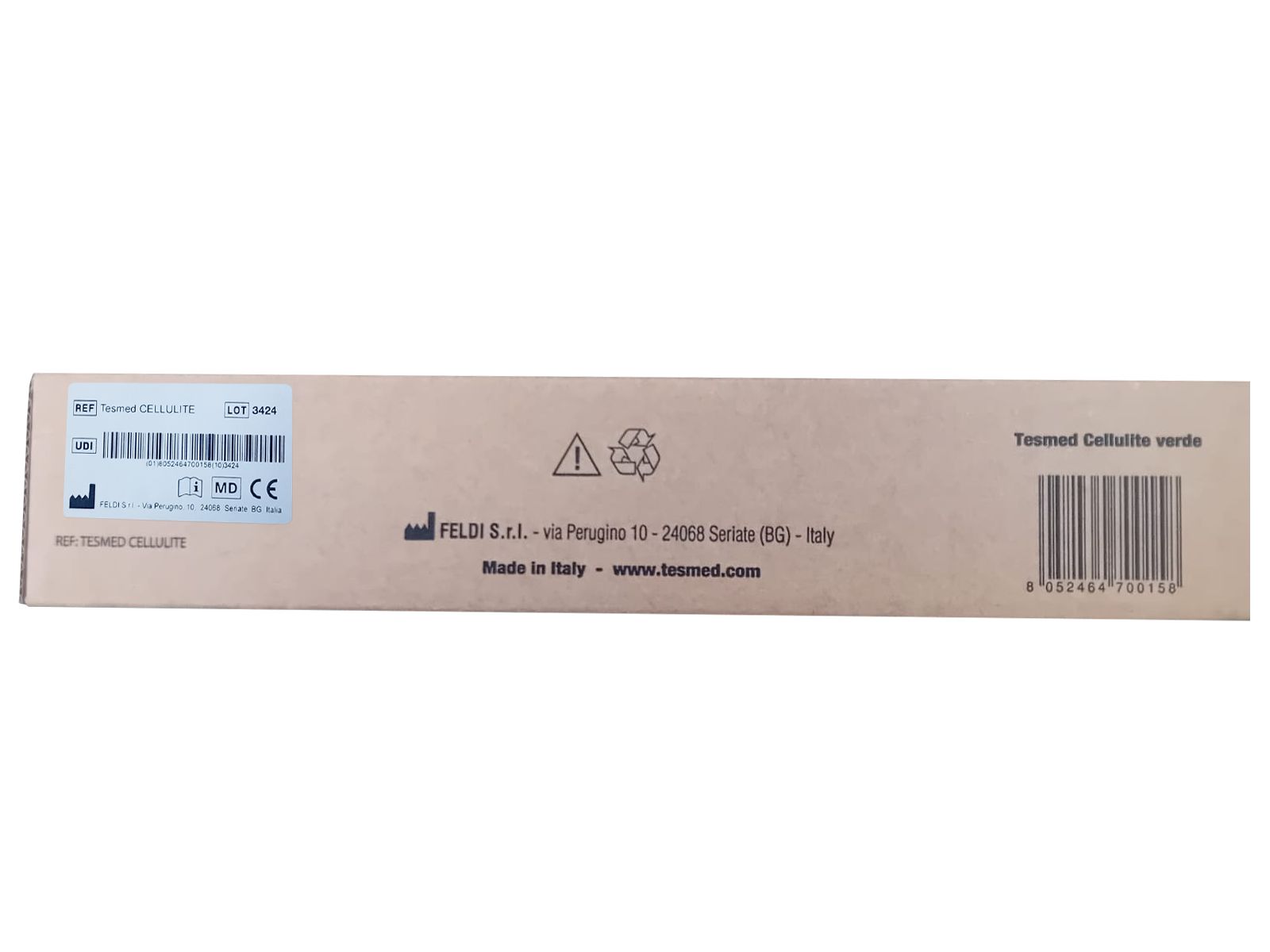 Braune Produktverpackung. Text: Tesmed Cellulite verde, Made in Italy. Barcode und Warnhinweise.