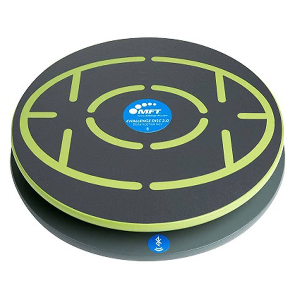 Grauer Balance Trainer mit grünen Linien. Oben steht MFT Challenge Disc 2.0. Unten Bluetooth-Symbol.