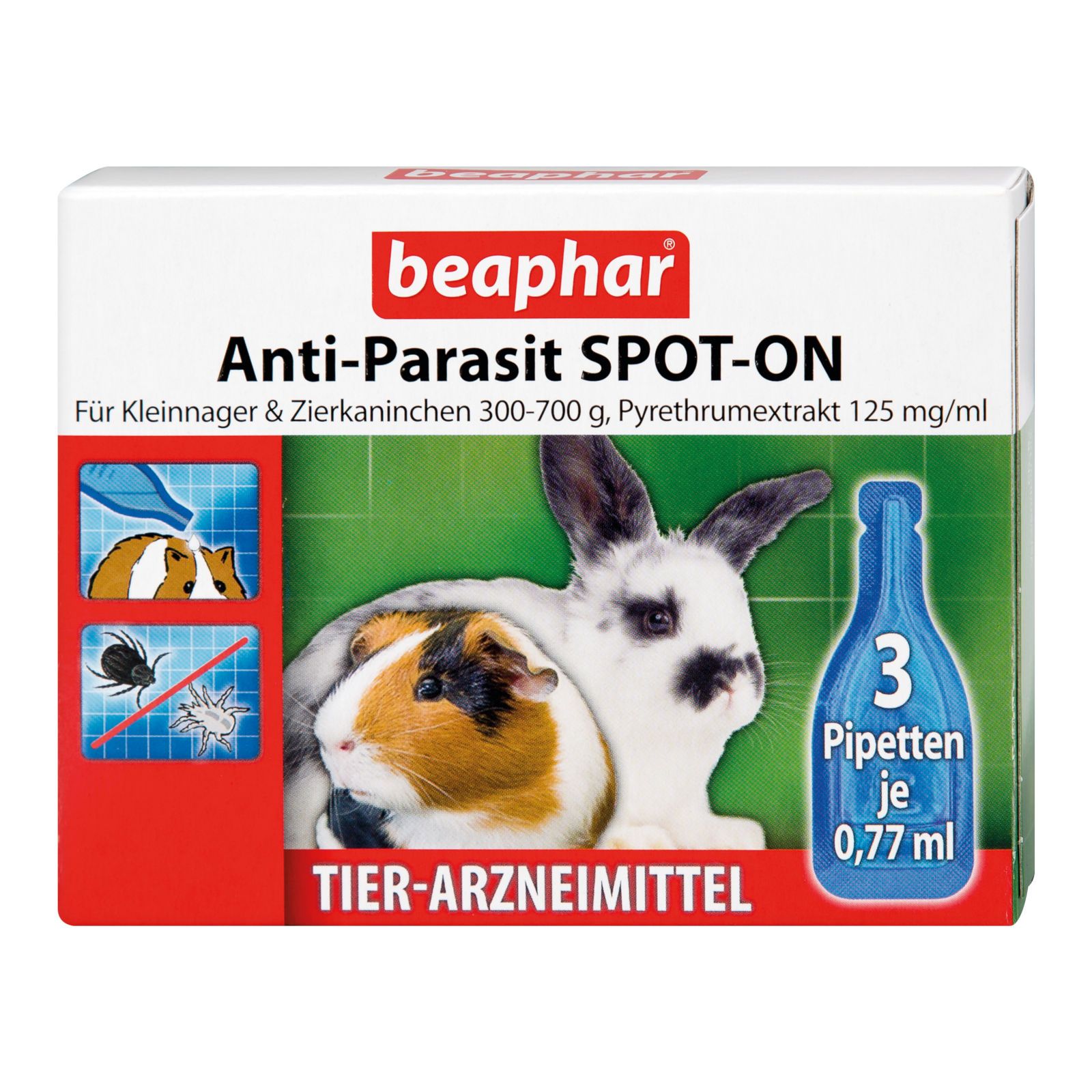 Verpackung von Beaphar Anti-Parasit SPOT-ON. Enthält 3 Pipetten für Kleinnager und Zierkaninchen. Mit Abbildungen von Kaninchen und Meerschweinchen.