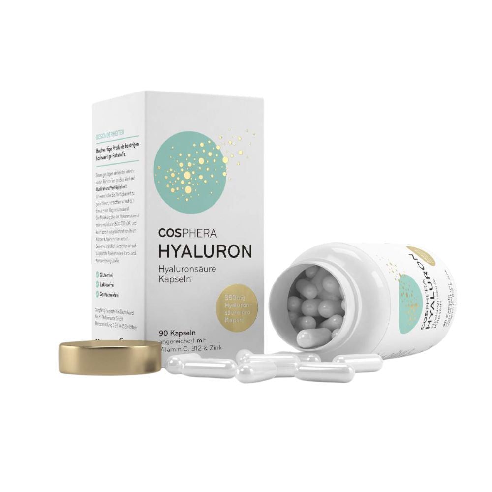 Geöffnete weiße Flasche mit Kapseln und Schachtel. Aufschrift: Cosphera Hyaluron, Hyaluronsäure Kapseln. 90 Kapseln. Mit Vitamin C, B12, Zink.