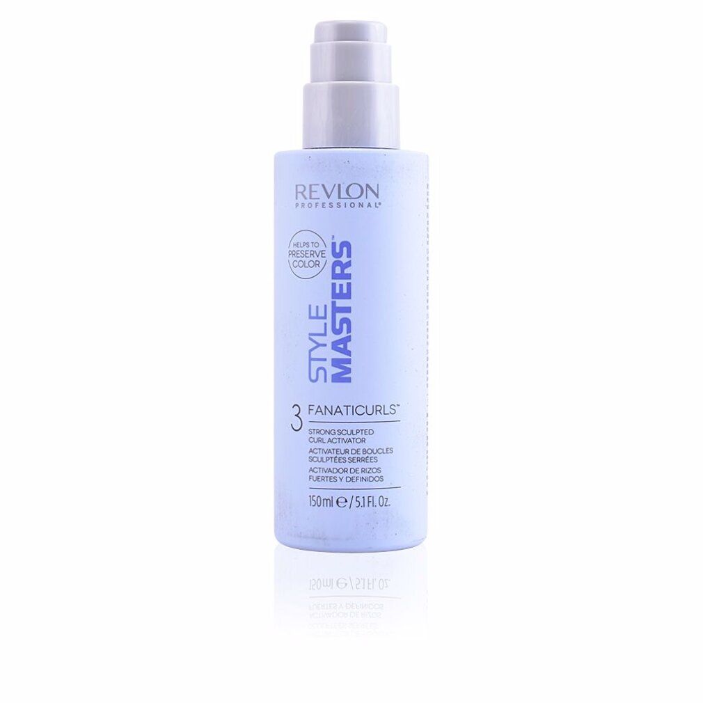 Hellblaues Produkt mit Pumpe. Aufschrift: Revlon Style Masters Fanaticurls. 150ml. Für coloriertes Haar.