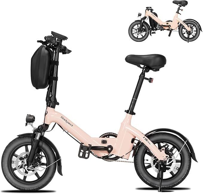 Faltbares E-Bike in Rosa. Schwarze Reifen, Sattel und Schutzbleche. Marke: Bodywel, Modell: T16 Pro. Zweites Bild oben rechts.