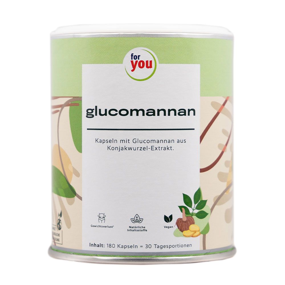 Zylindrische Dose mit "for you Glucomannan"-Kapseln. Grün-weißes Design, Produktname und Informationen aufgedruckt. Vegan-Siegel.