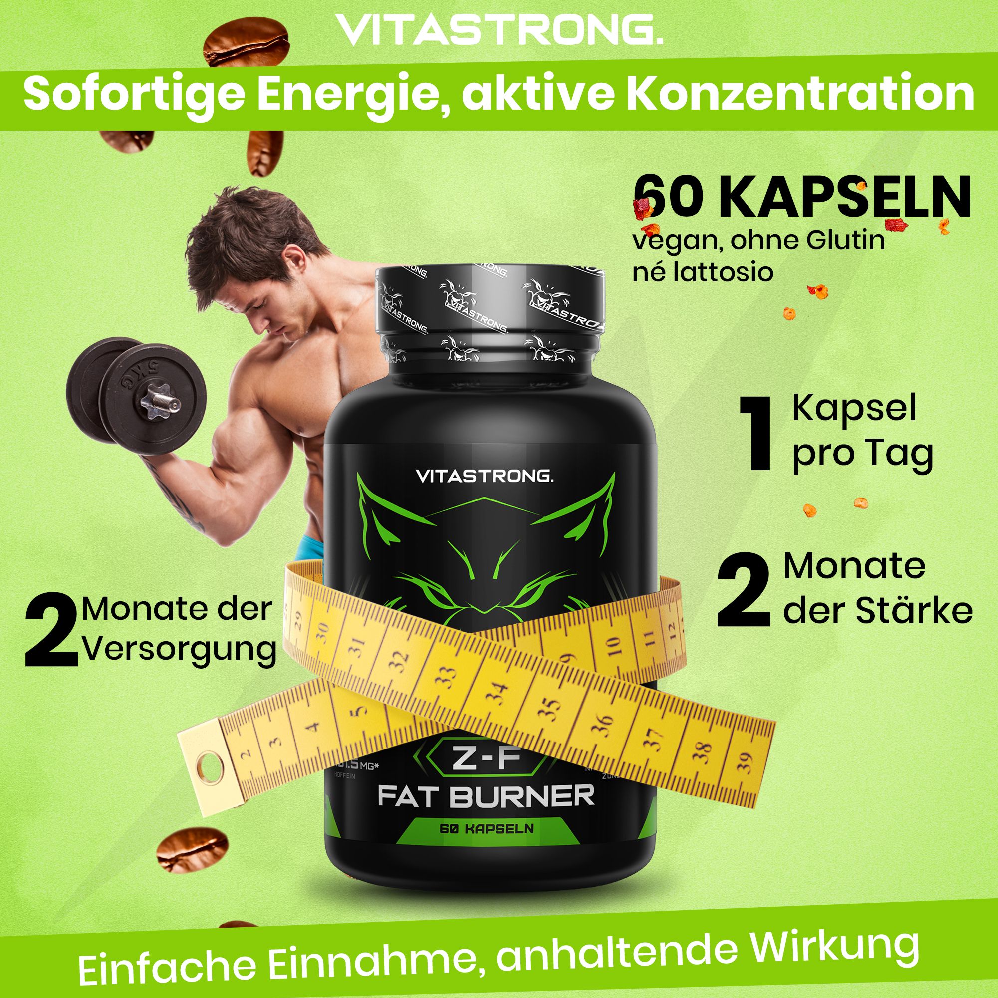 Vitastrong Z-F Fat Burner. Schwarze Dose mit gelbem Maßband. 60 Kapseln.