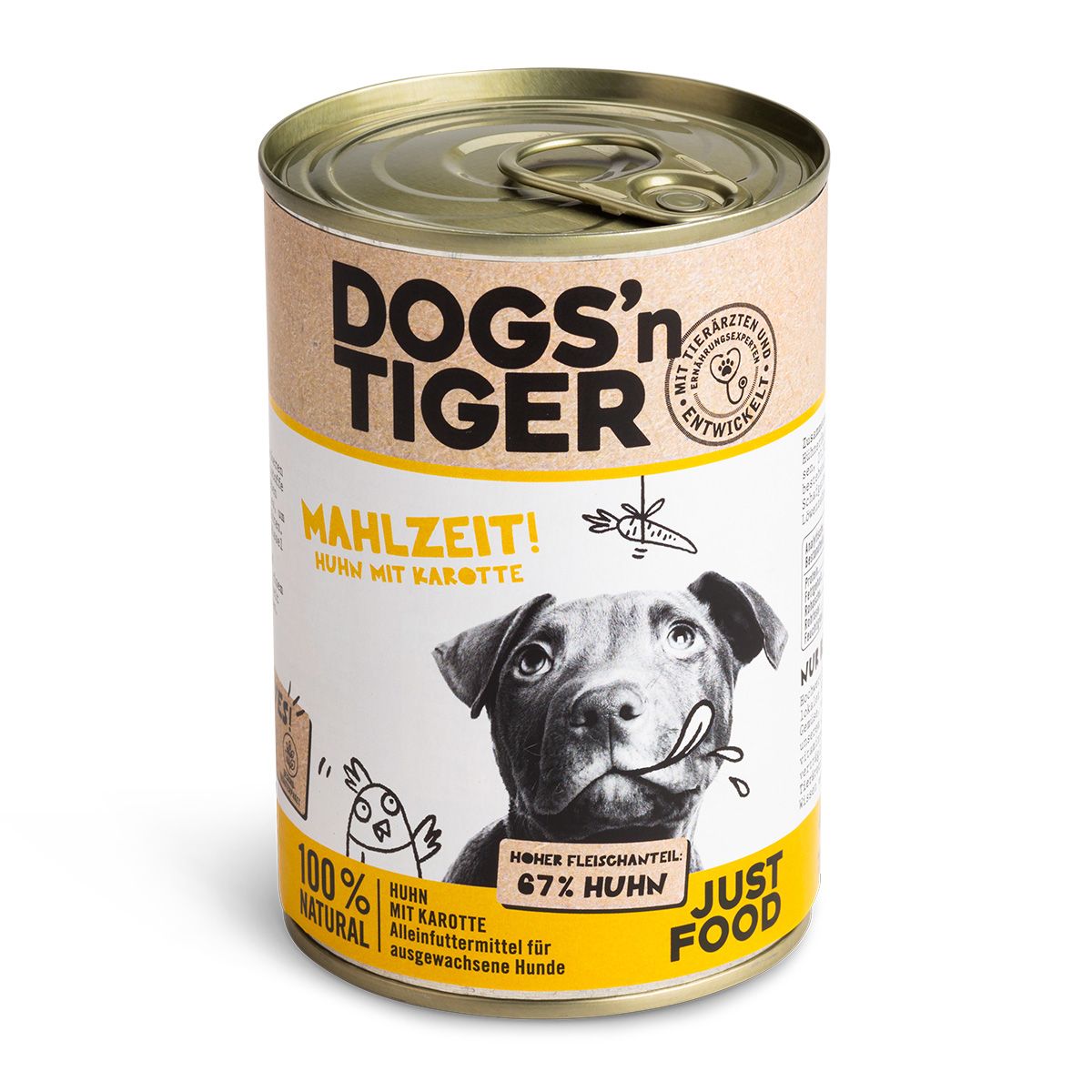 Hundefutterdose mit dem Logo Dogs'n Tiger. Aufschrift 'MAHLZEIT!' und 'HUHN MIT KAROTTE'. 67% Hühnerfleischanteil. 100% natürlich.